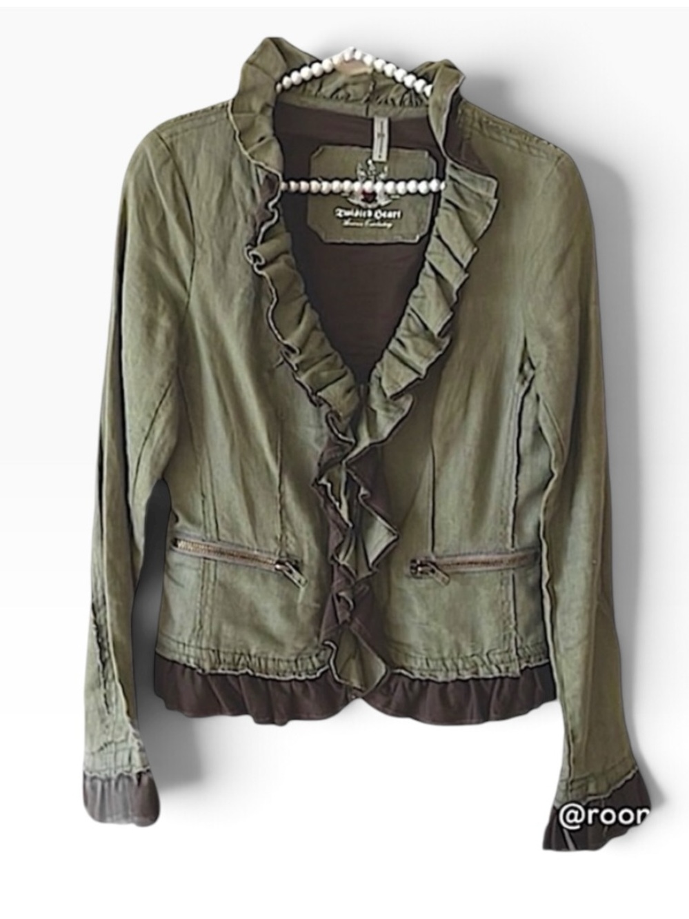 TWISTED HEART Olive Green Ruffle V Neck jacket or top SZ S